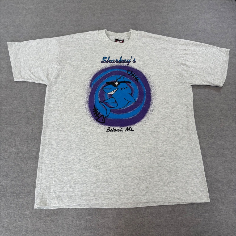 Vintage Fruit of the Loom BEST Sharkey's Biloxi MS T-Shirt L Gray Single Stitch